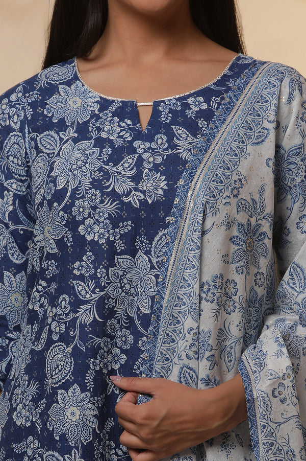 Blue Floral Printed A-line Kurta, Tights and Dupatta Set