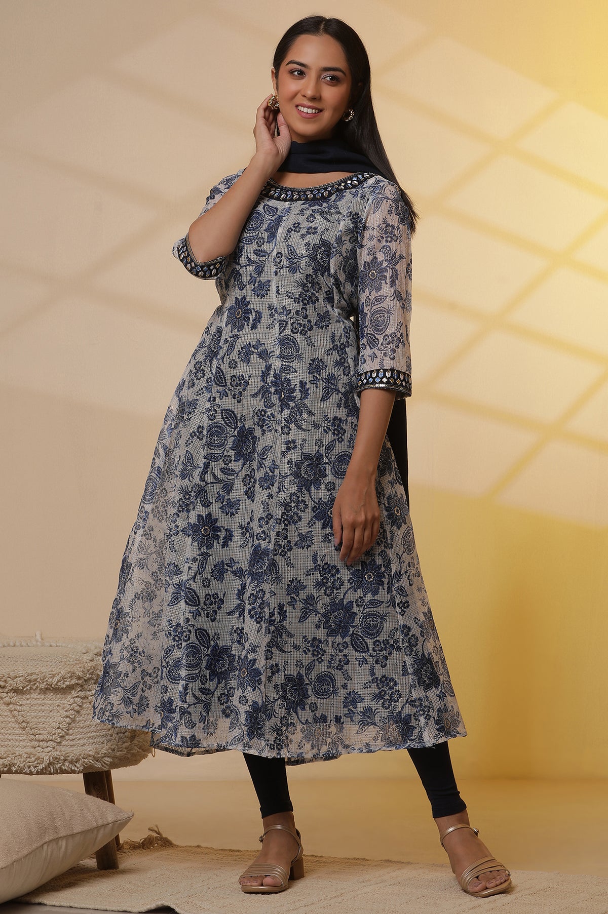 White and Blue Floral Printed Kota Anarkali Kurta, Tights and Dupatta Set - XS