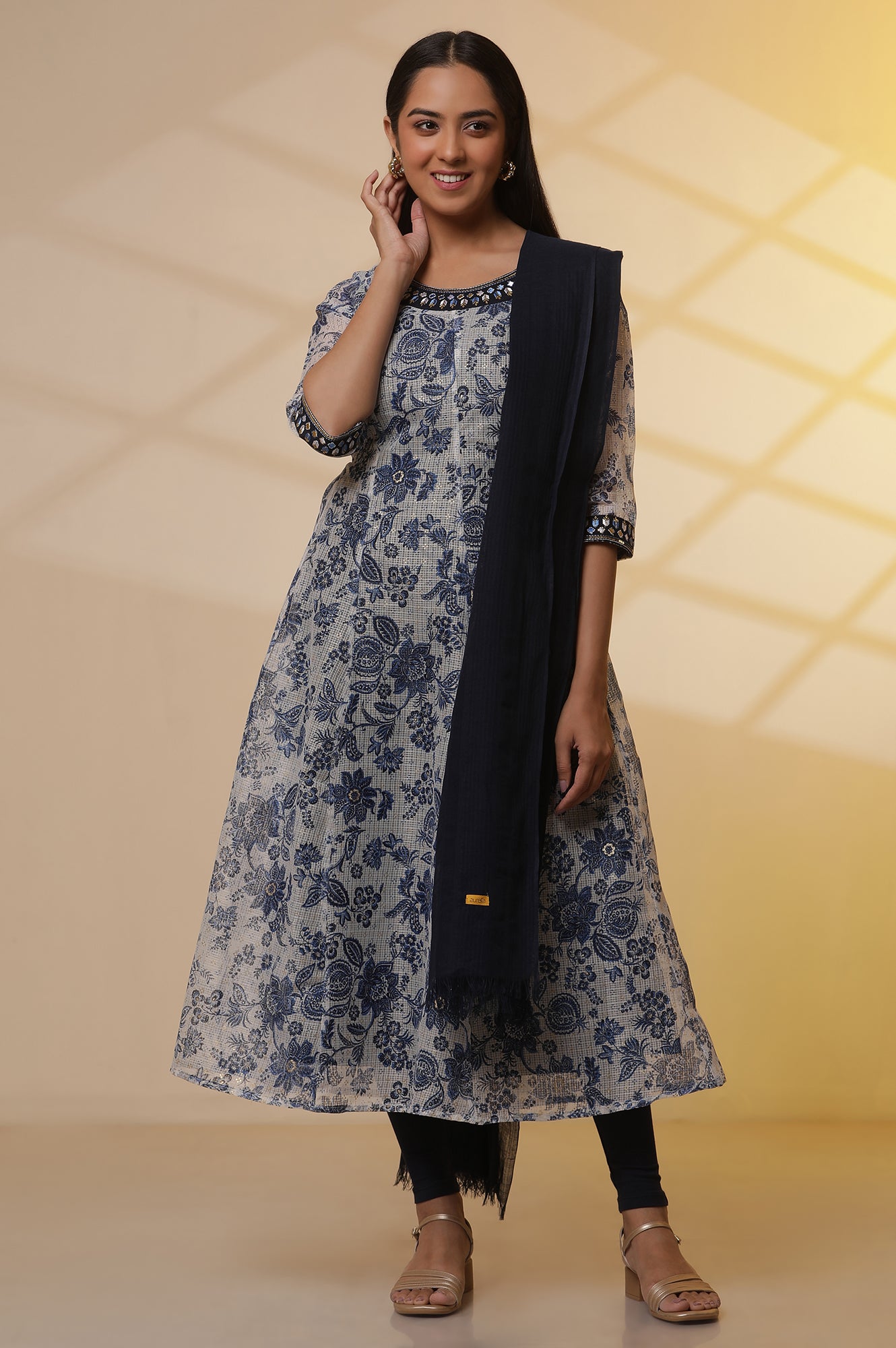 White and Blue Floral Printed Kota Anarkali Kurta, Tights and Dupatta Set