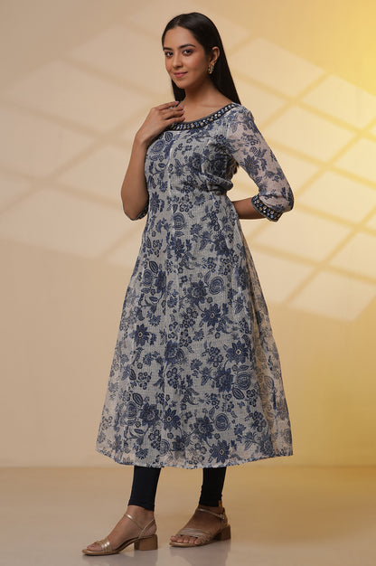 White and Blue Floral Printed Kota Anarkali Kurta, Tights and Dupatta Set