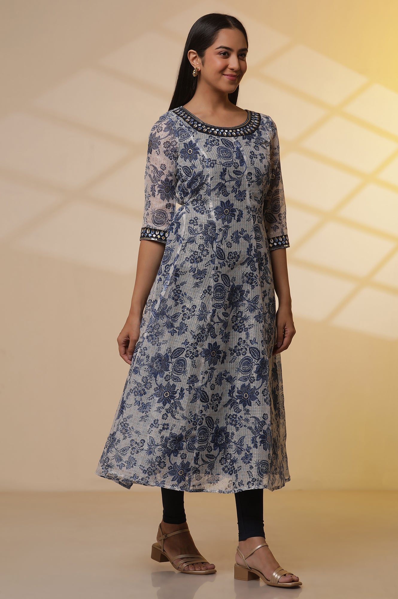 White and Blue Floral Printed Kota Anarkali Kurta, Tights and Dupatta Set