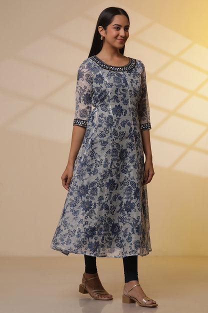 White and Blue Floral Printed Kota Anarkali Kurta, Tights and Dupatta Set