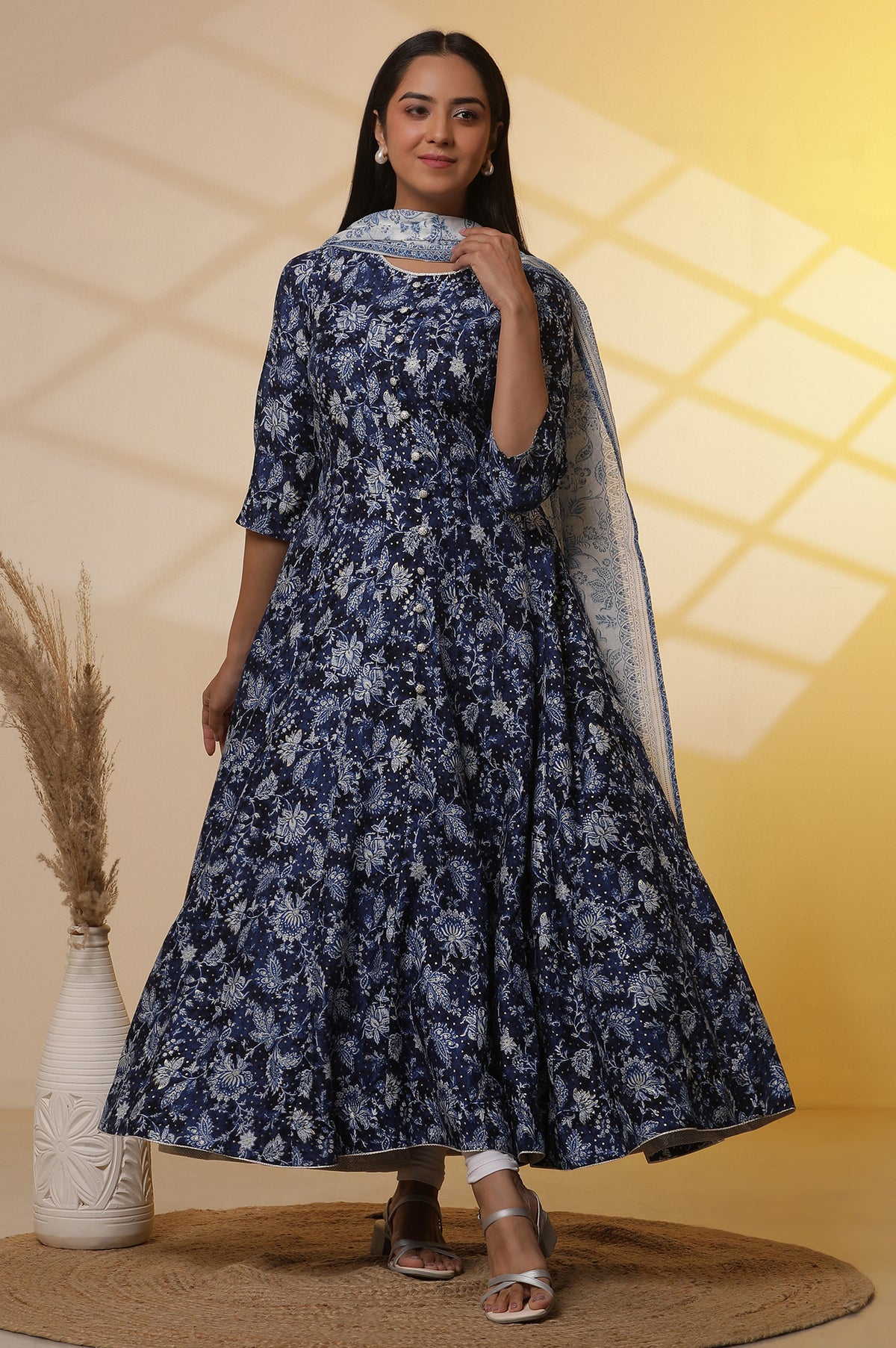 Blue Printed Anarkali Kurta, Tight and Dupatta Set - XS