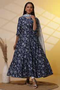 Blue Printed Anarkali Kurta, Tight and Dupatta Set