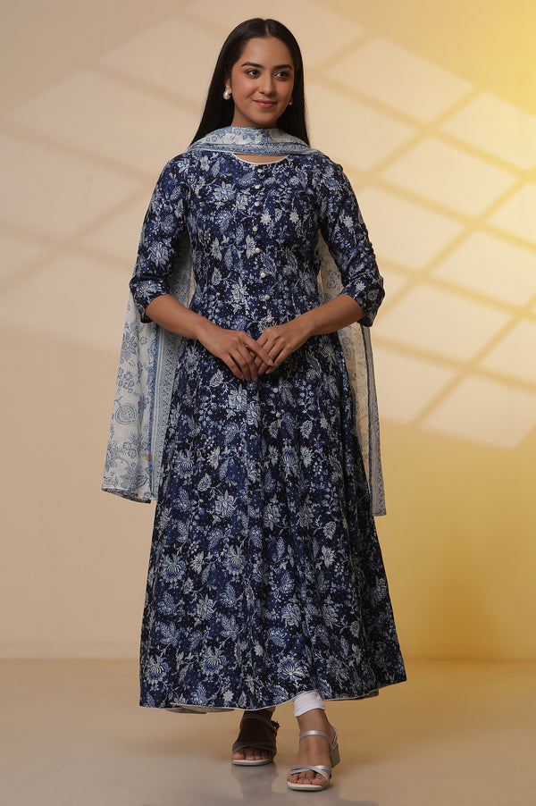 Blue Printed Anarkali Kurta, Tight and Dupatta Set