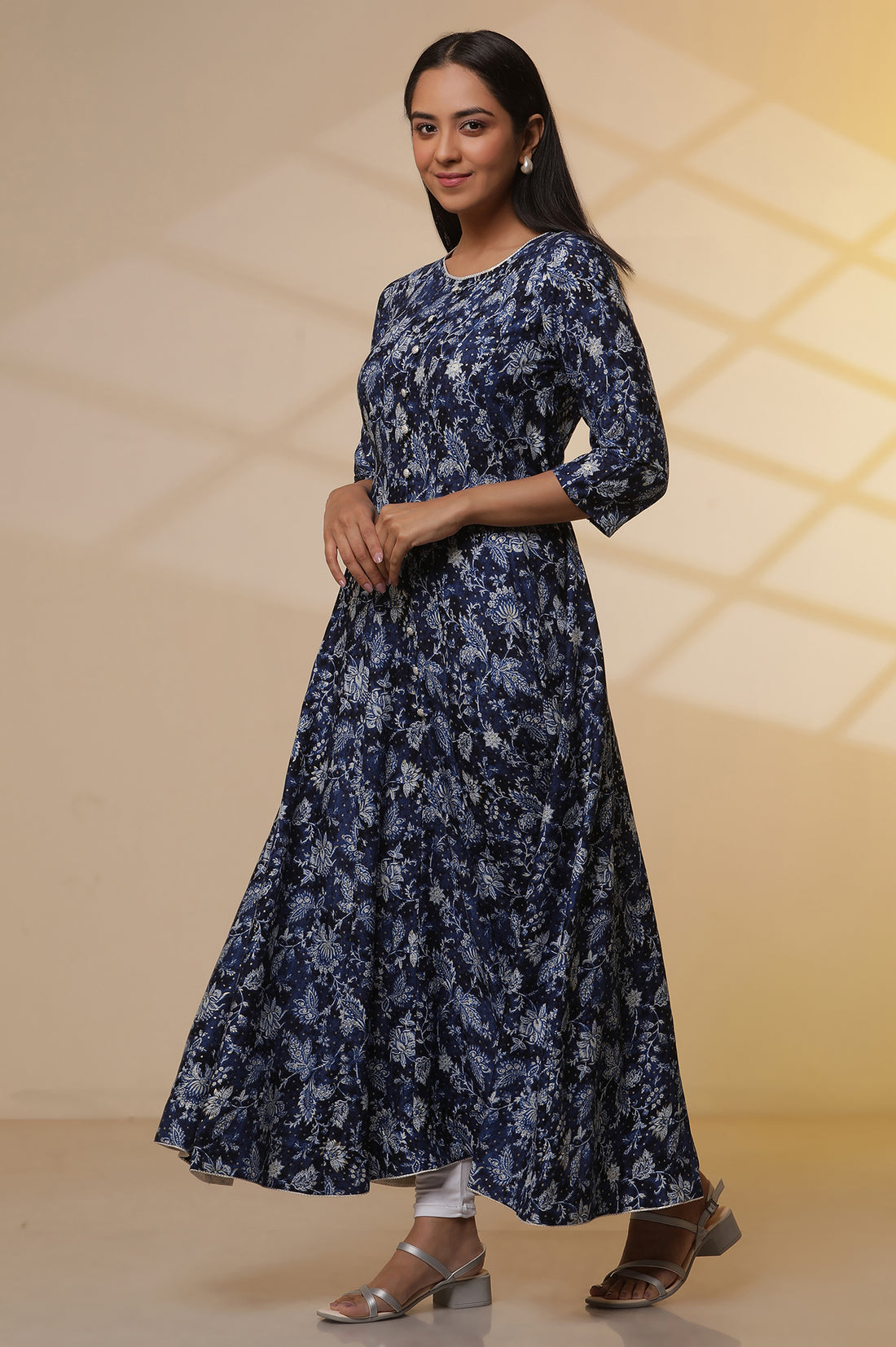 Blue Printed Anarkali Kurta, Tight and Dupatta Set