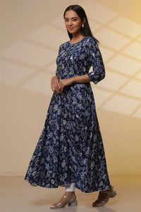 Blue Printed Anarkali Kurta, Tight and Dupatta Set