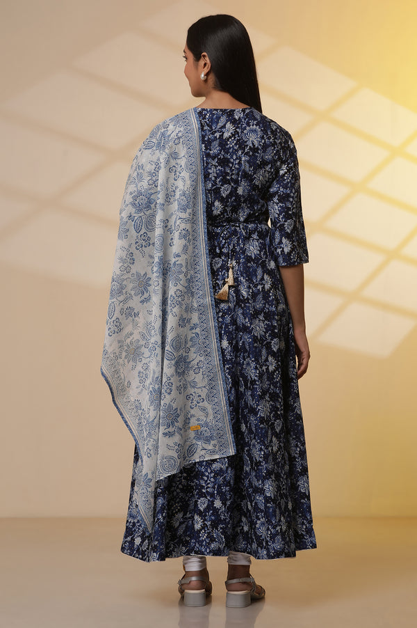Blue Printed Anarkali Kurta, Tight and Dupatta Set