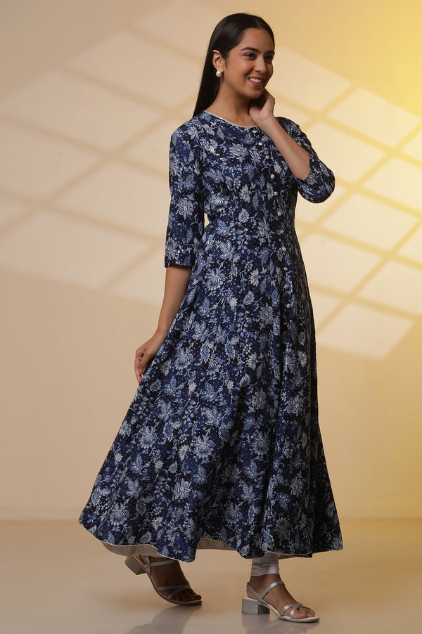 Blue Printed Anarkali Kurta, Tight and Dupatta Set
