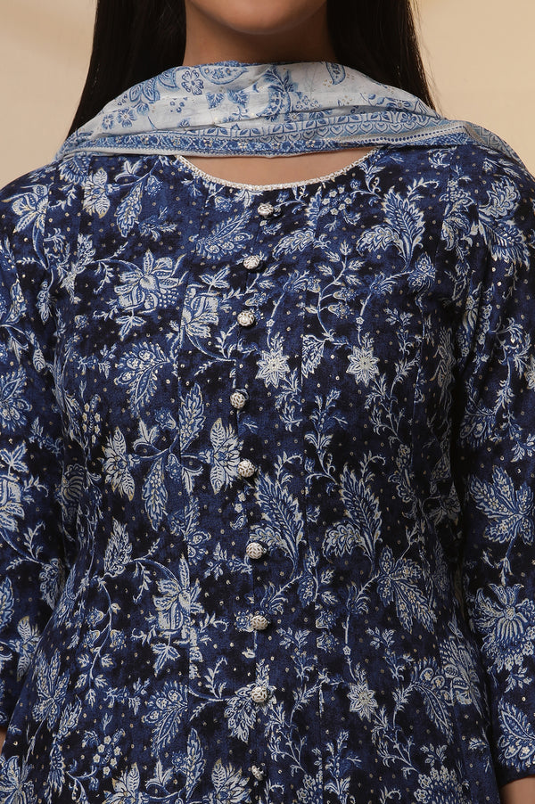 Blue Printed Anarkali Kurta, Tight and Dupatta Set