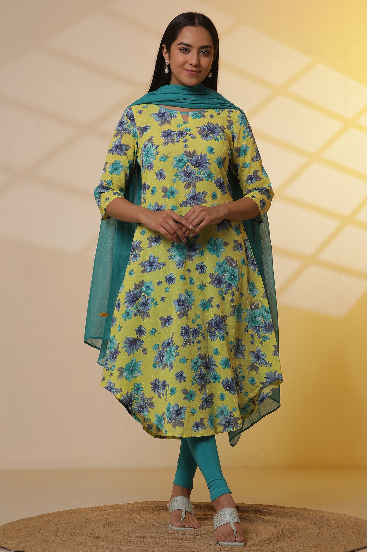 Green Floral Printed Cotton Asymmetrical Kurta, Tights and Dupatta Set - XS