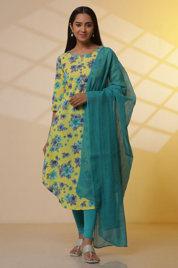 Green Floral Printed Cotton Asymmetrical Kurta, Tights and Dupatta Set