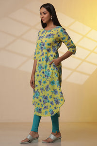 Green Floral Printed Cotton Asymmetrical Kurta, Tights and Dupatta Set