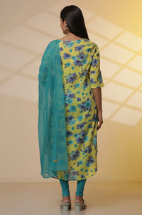 Green Floral Printed Cotton Asymmetrical Kurta, Tights and Dupatta Set