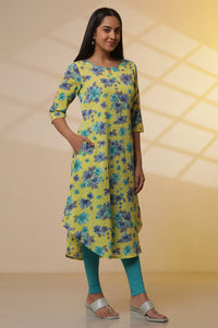 Green Floral Printed Cotton Asymmetrical Kurta, Tights and Dupatta Set