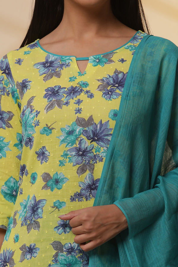 Green Floral Printed Cotton Asymmetrical Kurta, Tights and Dupatta Set