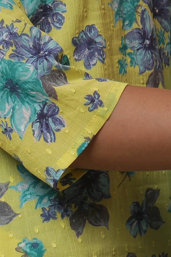 Green Floral Printed Cotton Asymmetrical Kurta, Tights and Dupatta Set