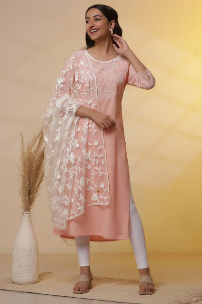 Pink Schiffli Embroidered Kurta, Slim Pants and Dupatta Set