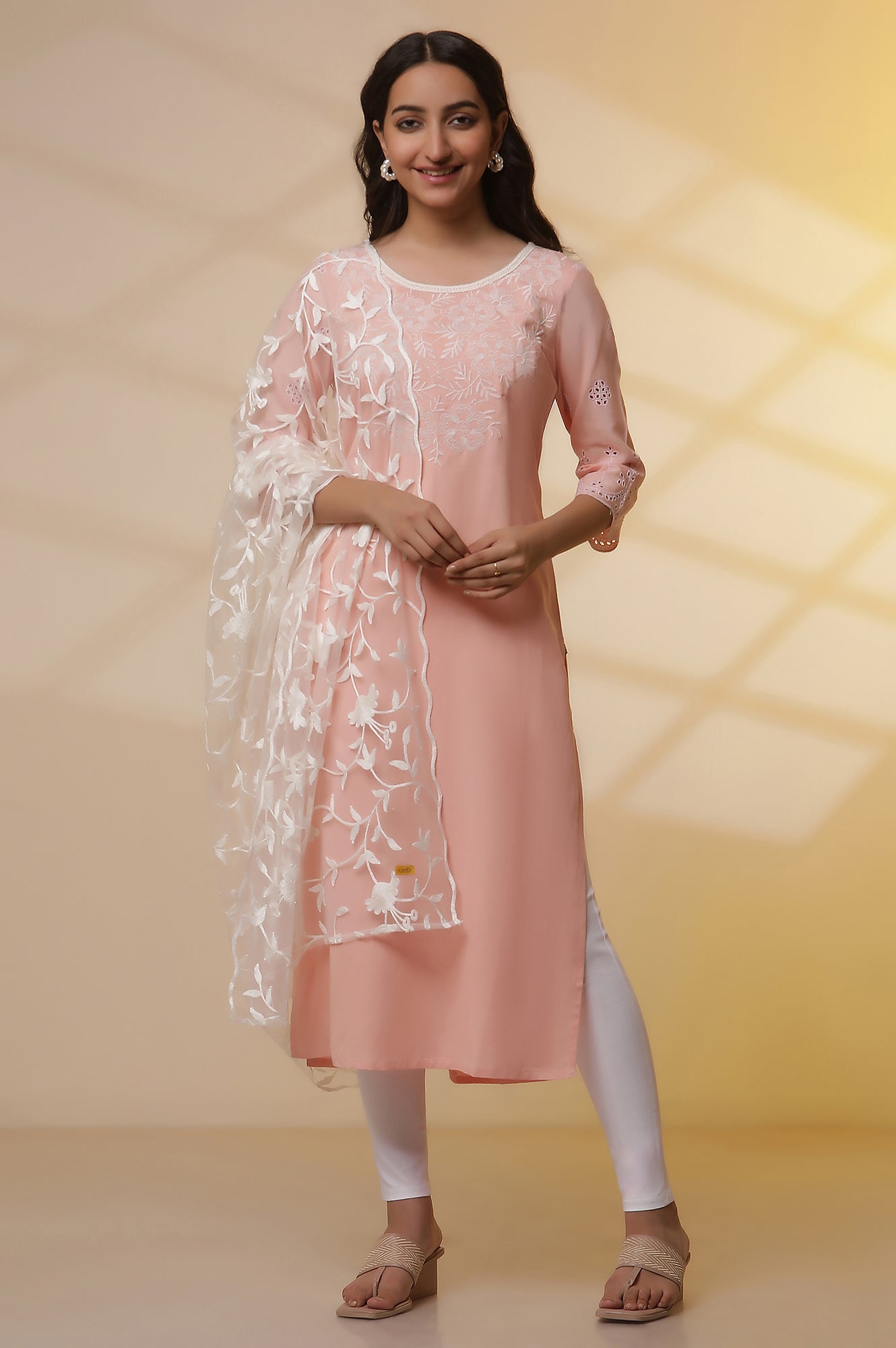 Pink Schiffli Embroidered Kurta, Slim Pants and Dupatta Set