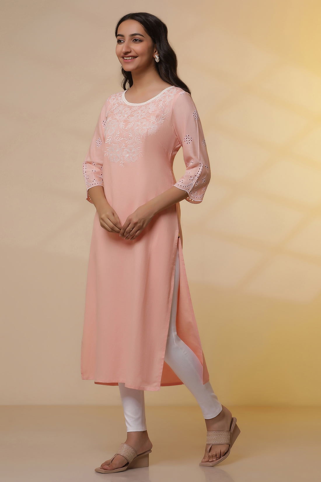 Pink Schiffli Embroidered Kurta, Slim Pants and Dupatta Set