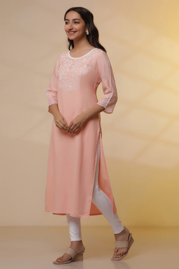 Pink Schiffli Embroidered Kurta, Slim Pants and Dupatta Set