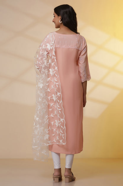 Pink Schiffli Embroidered Kurta, Slim Pants and Dupatta Set