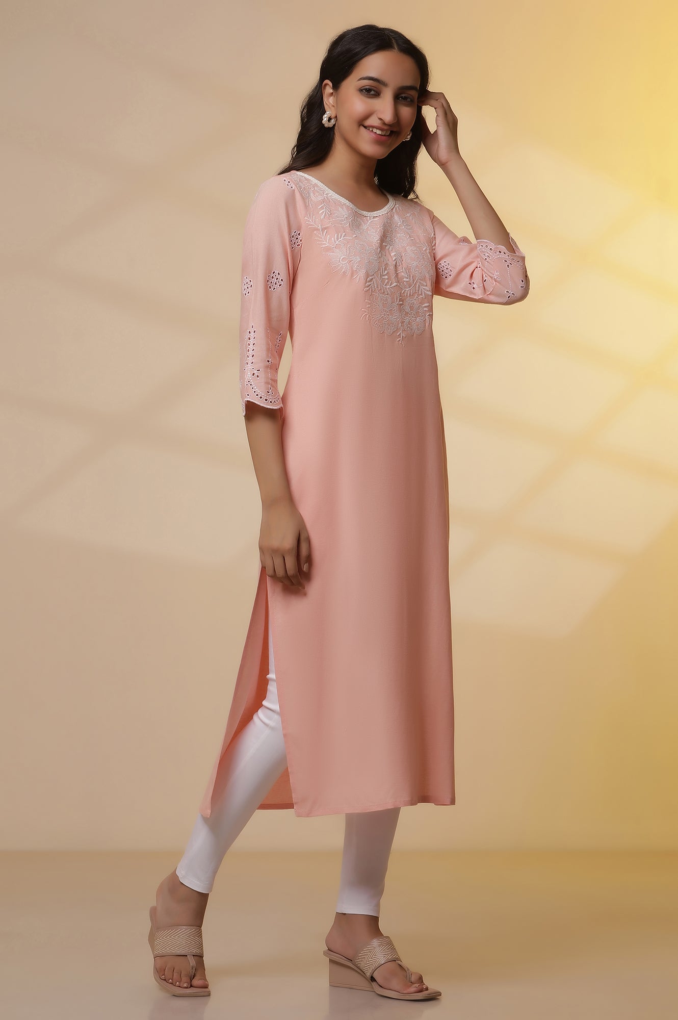 Pink Schiffli Embroidered Kurta, Slim Pants and Dupatta Set