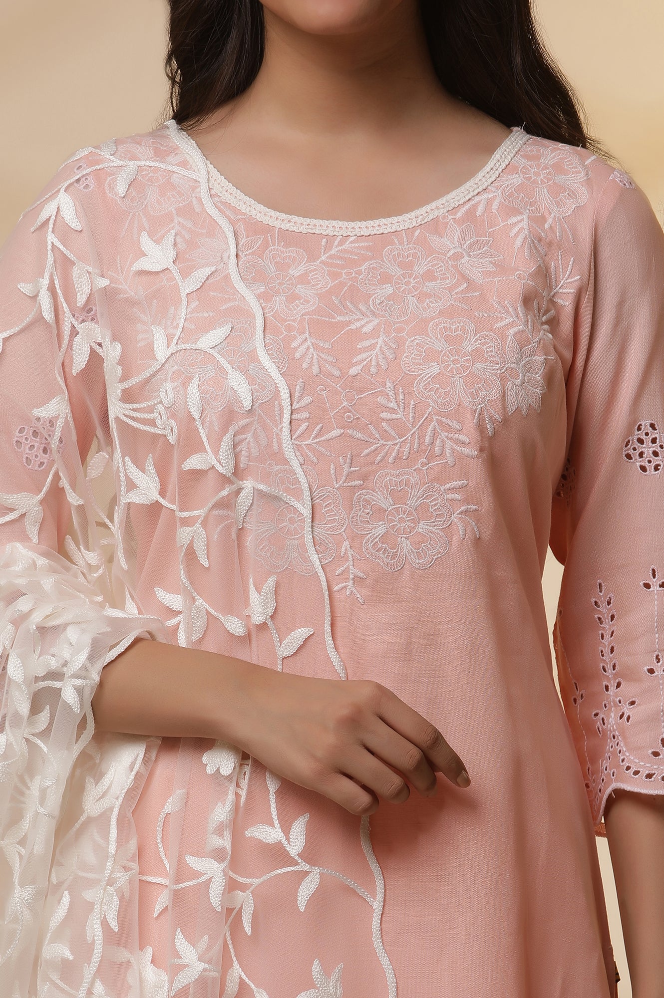 Pink Schiffli Embroidered Kurta, Slim Pants and Dupatta Set