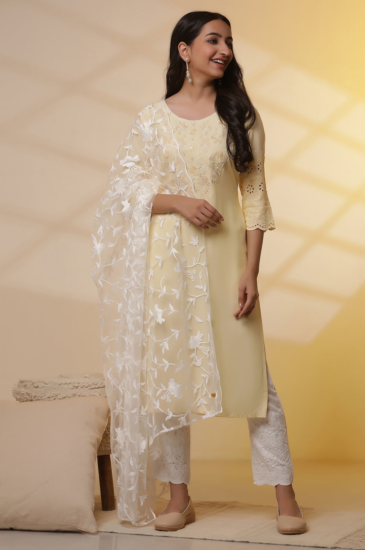 Yellow Schiffli Embroidered Kurta, Pants and Mesh Dupatta Set - XS