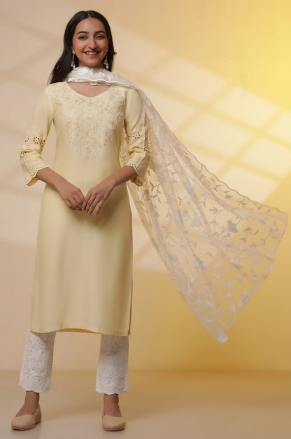 Yellow Schiffli Embroidered Kurta, Pants and Mesh Dupatta Set