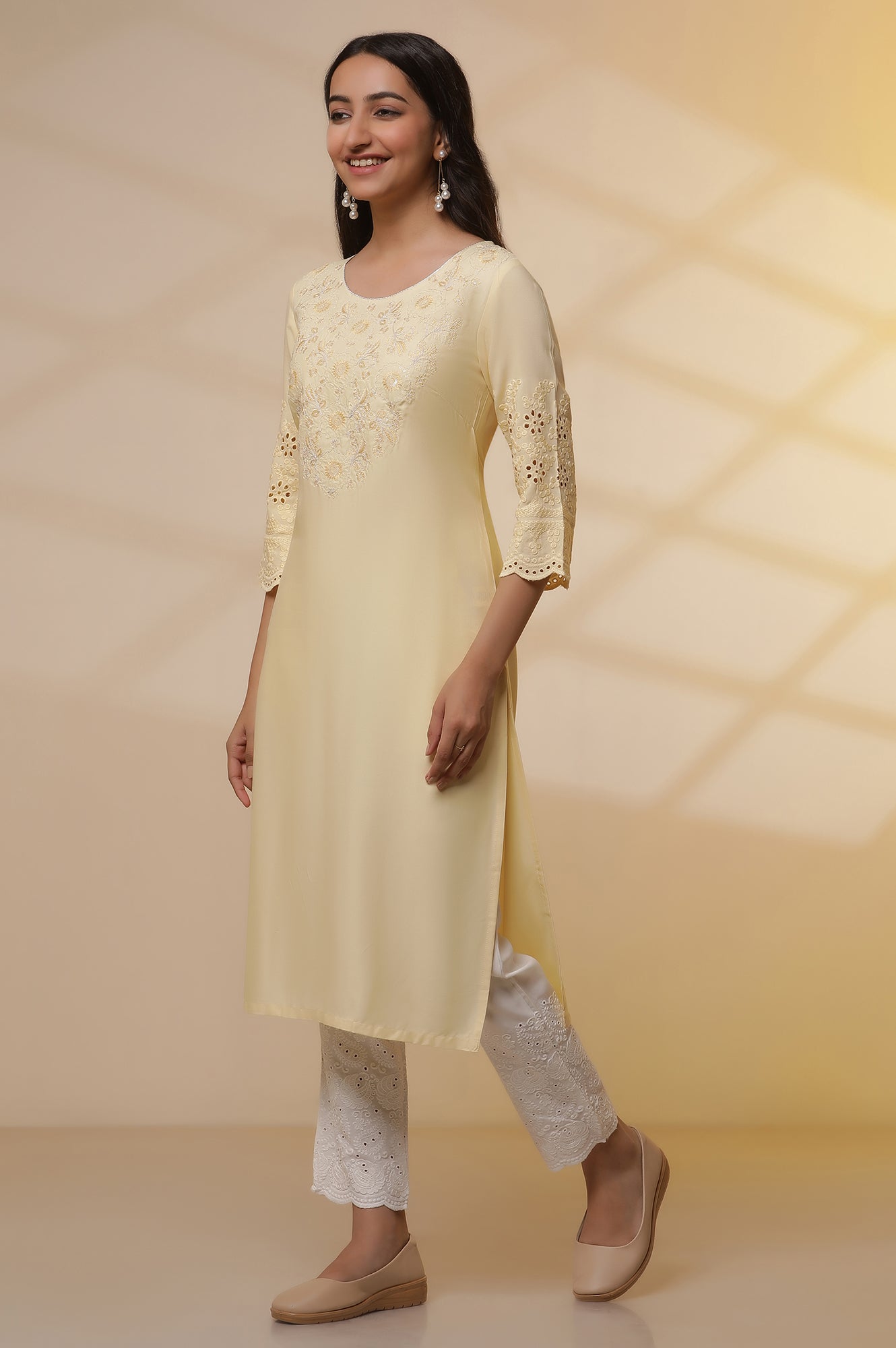 Yellow Schiffli Embroidered Kurta, Pants and Mesh Dupatta Set