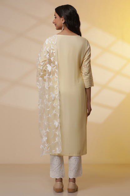 Yellow Schiffli Embroidered Kurta, Pants and Mesh Dupatta Set