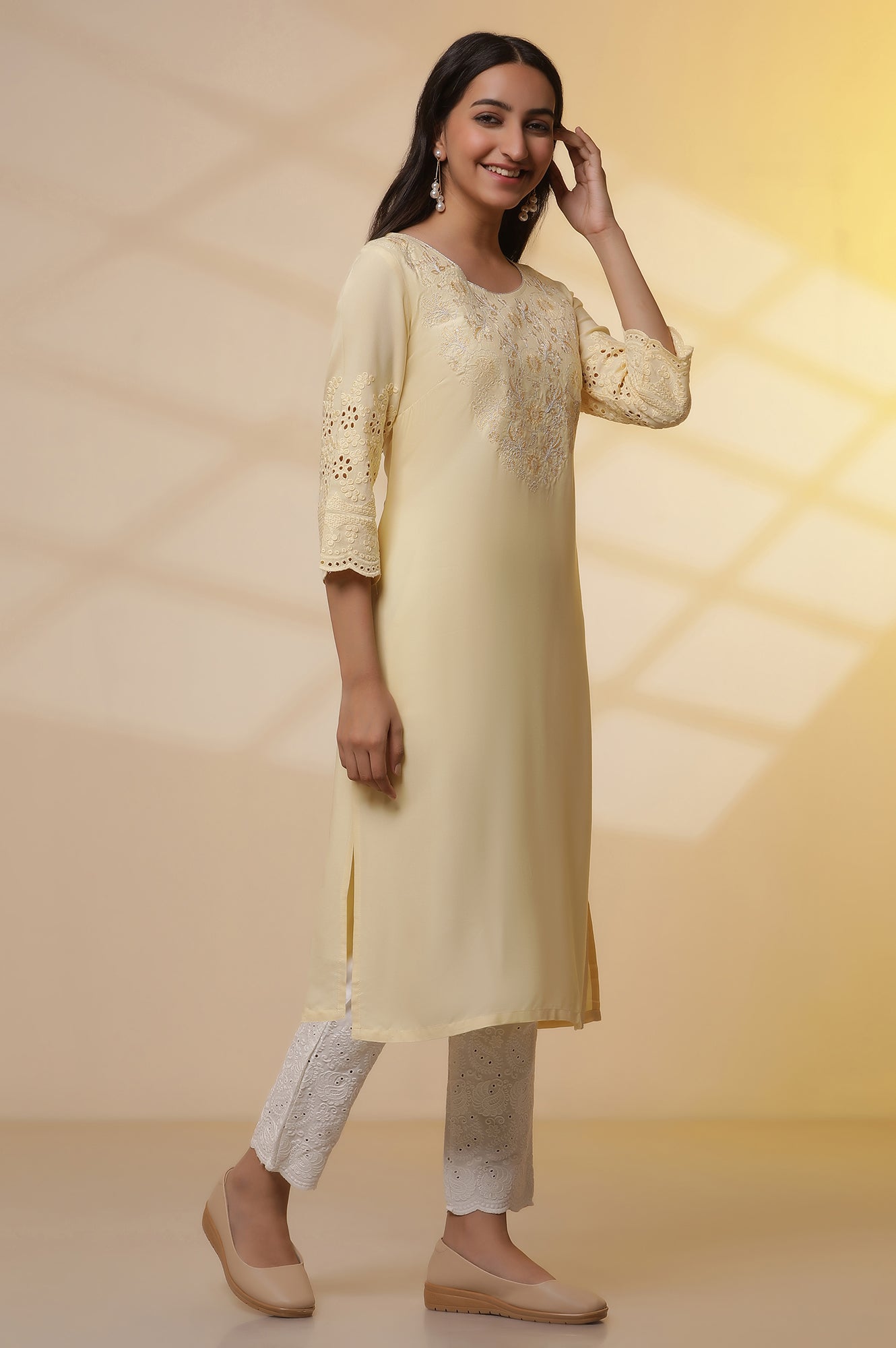 Yellow Schiffli Embroidered Kurta, Pants and Mesh Dupatta Set