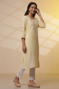 Yellow Schiffli Embroidered Kurta, Pants and Mesh Dupatta Set