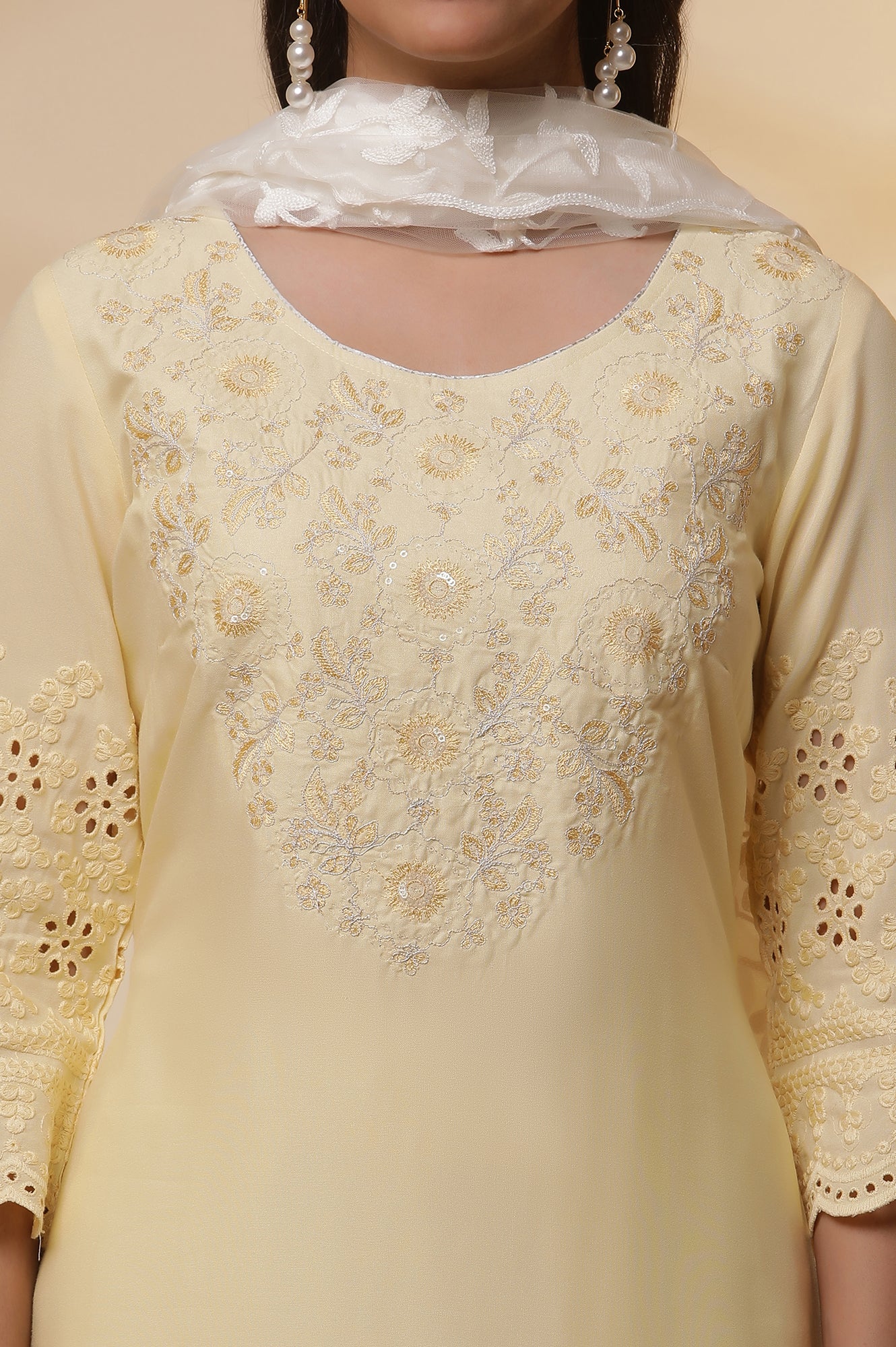 Yellow Schiffli Embroidered Kurta, Pants and Mesh Dupatta Set