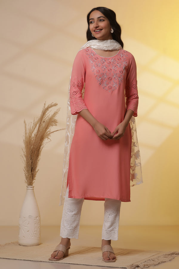 Pink Schiffli Embroidered Kurta, Pants and Mesh Dupatta Set