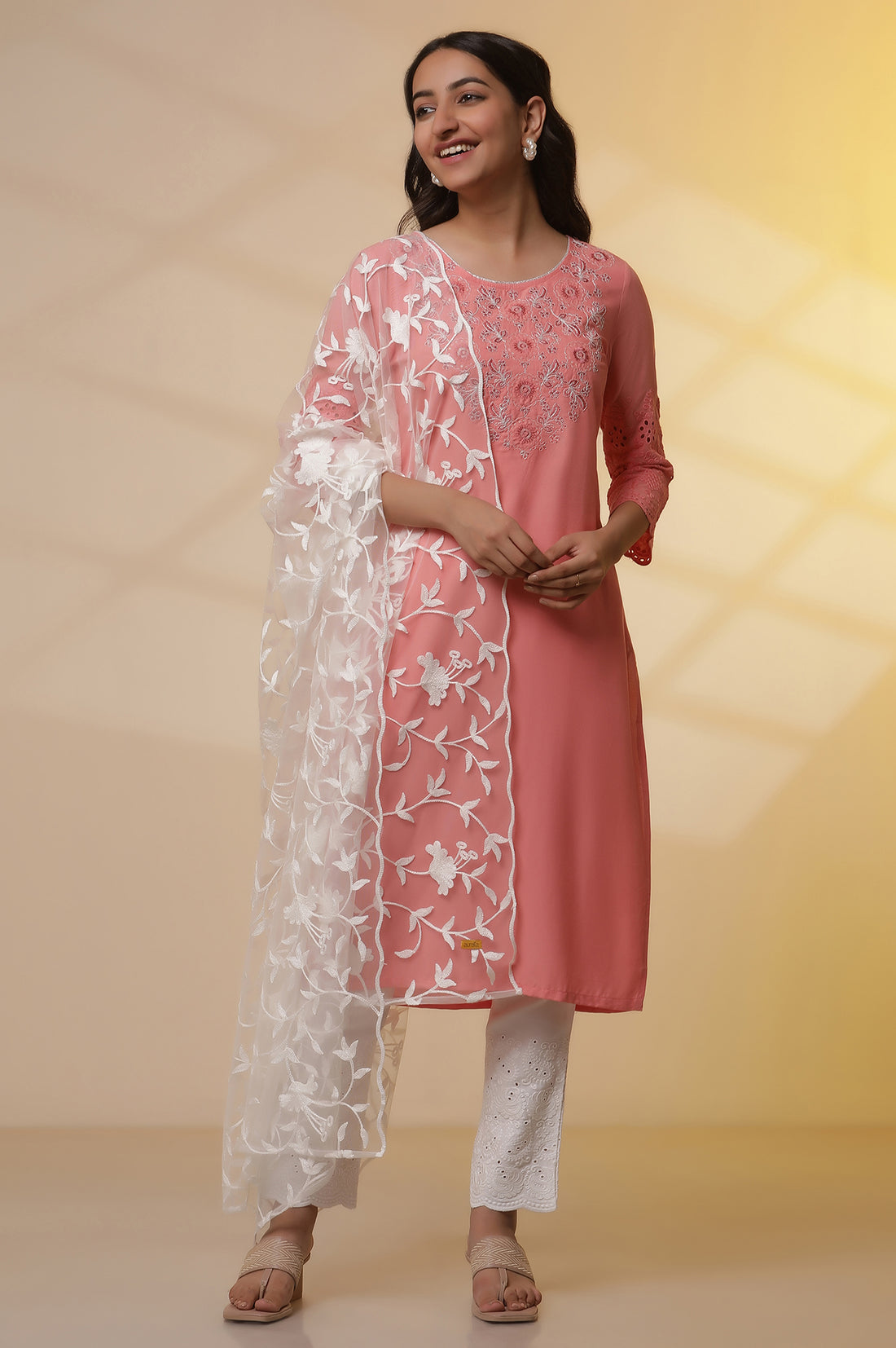 Pink Schiffli Embroidered Kurta, Pants and Mesh Dupatta Set