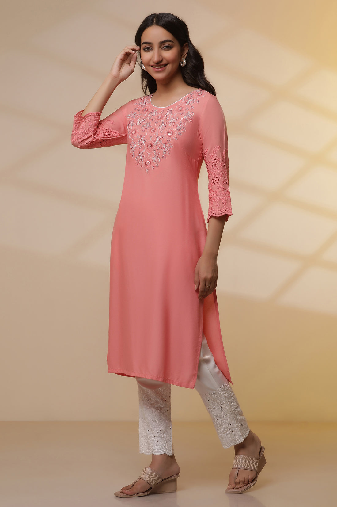 Pink Schiffli Embroidered Kurta, Pants and Mesh Dupatta Set