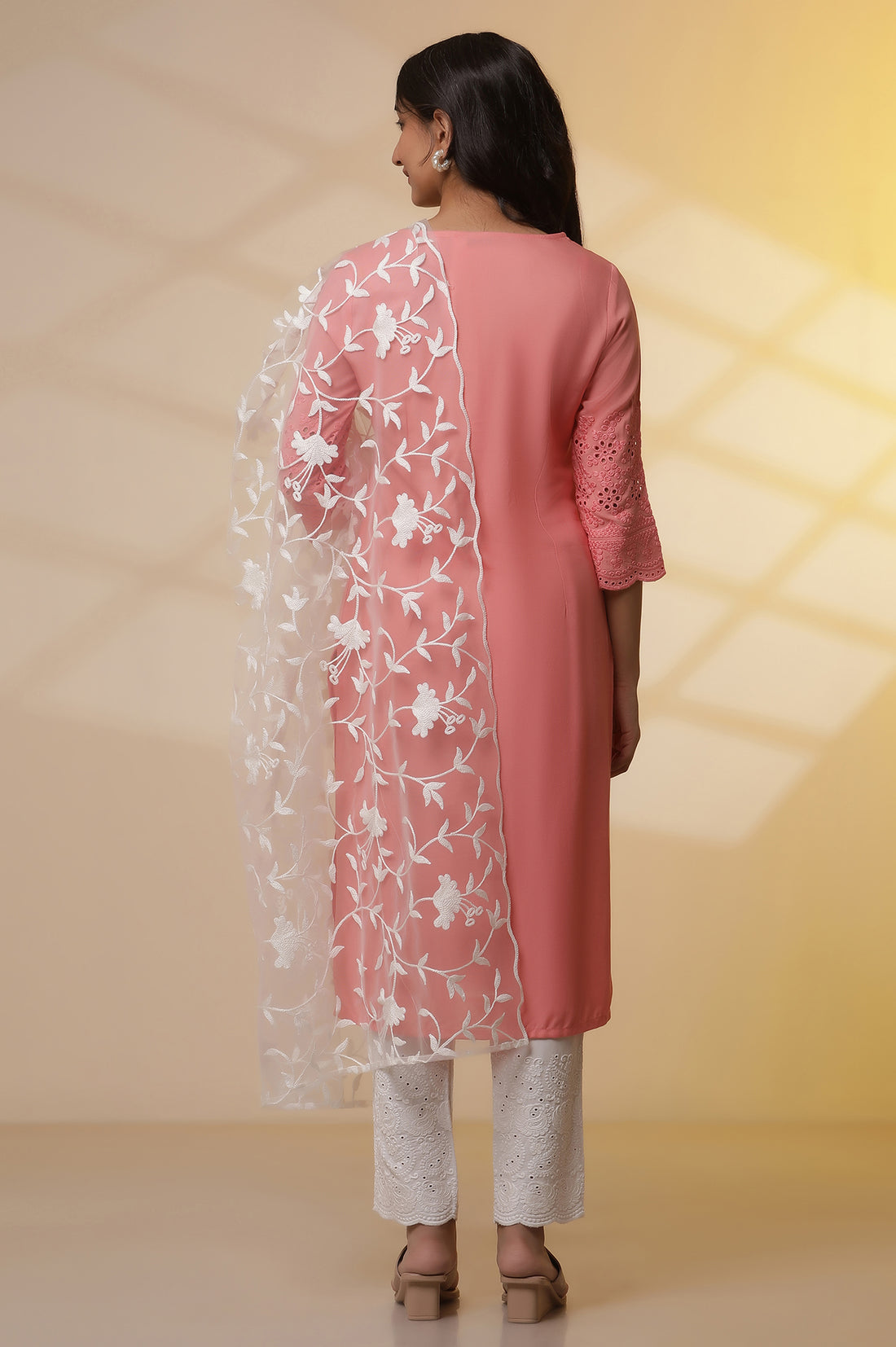 Pink Schiffli Embroidered Kurta, Pants and Mesh Dupatta Set