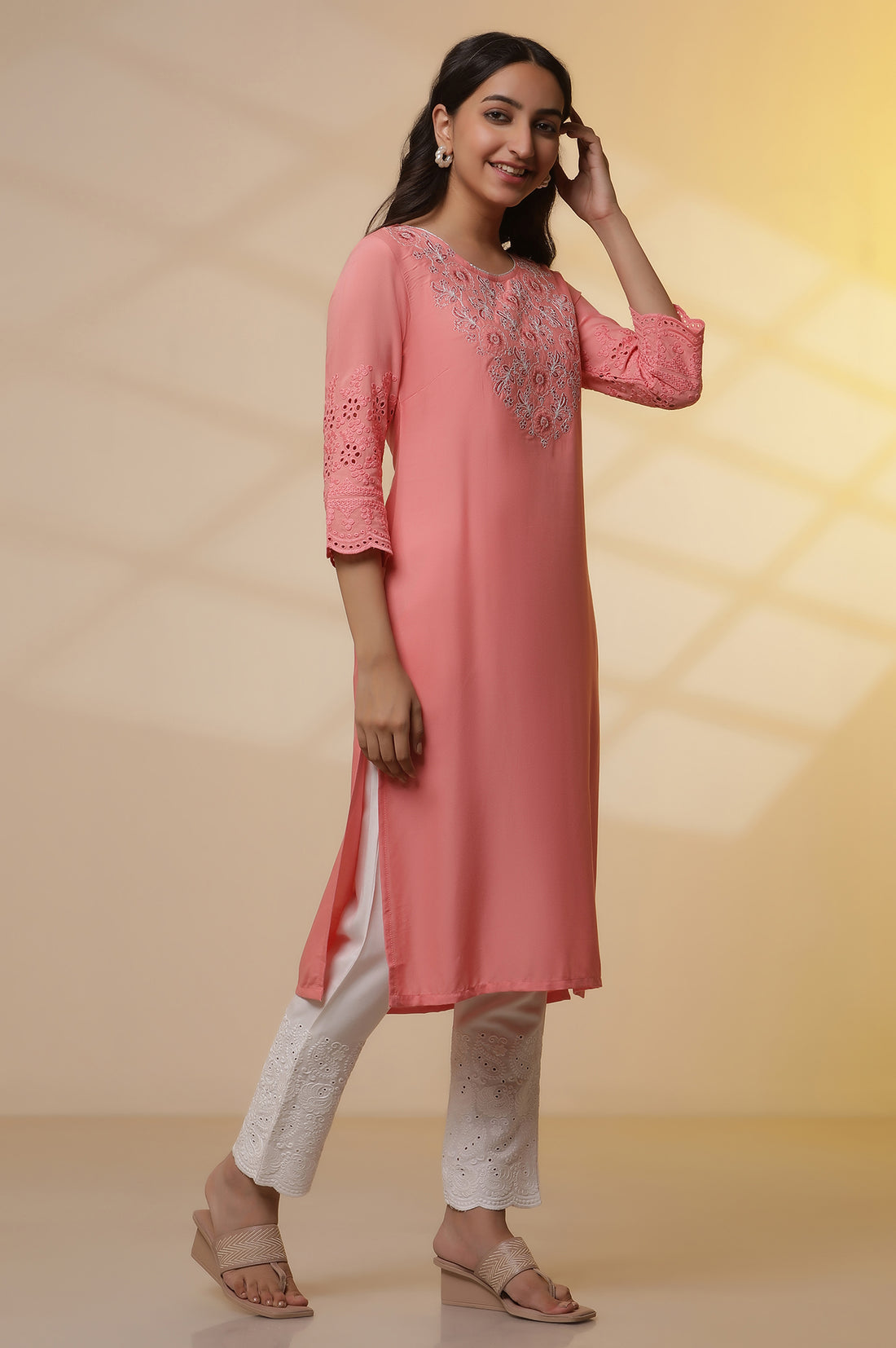 Pink Schiffli Embroidered Kurta, Pants and Mesh Dupatta Set