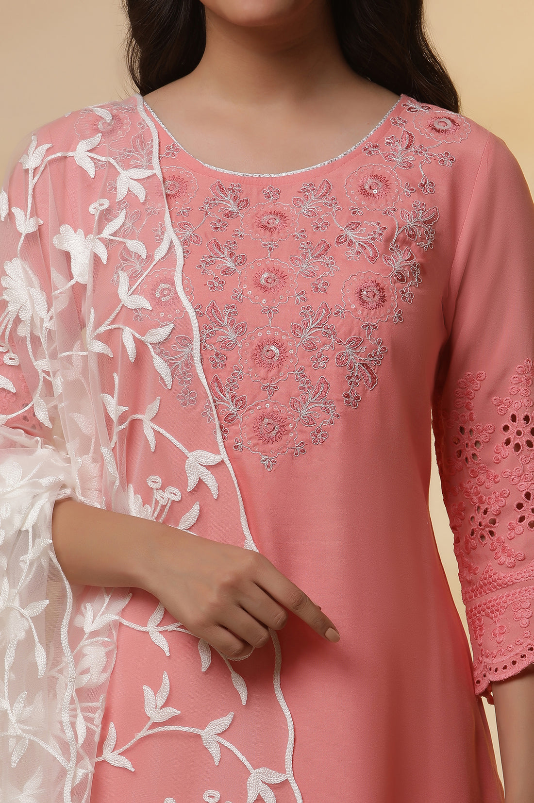 Pink Schiffli Embroidered Kurta, Pants and Mesh Dupatta Set