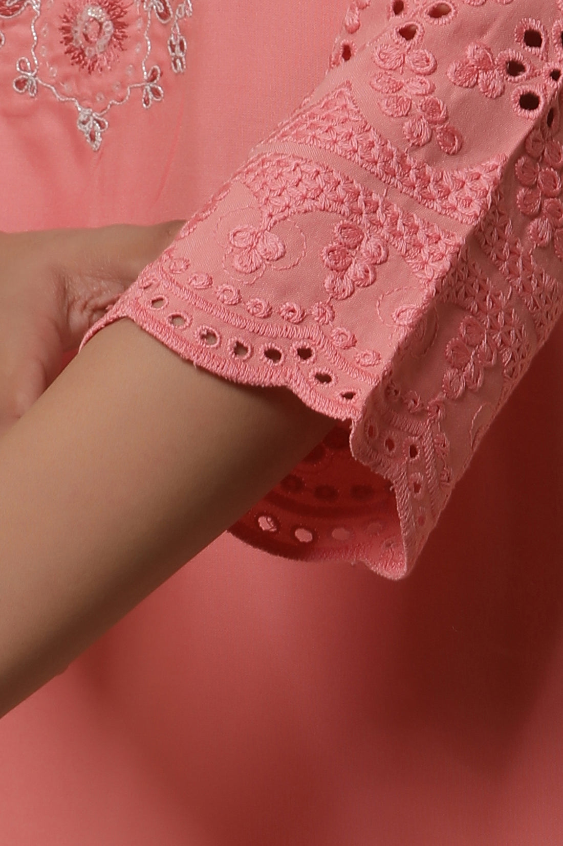 Pink Schiffli Embroidered Kurta, Pants and Mesh Dupatta Set