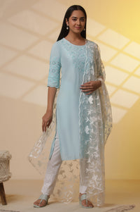 Mint Blue Embroidered Kurta, Pants and Dupatta Set