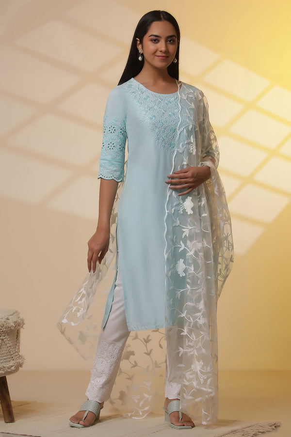 Elleven Women's Mint Blue Embroidered Kurta, Pants and Dupatta Set