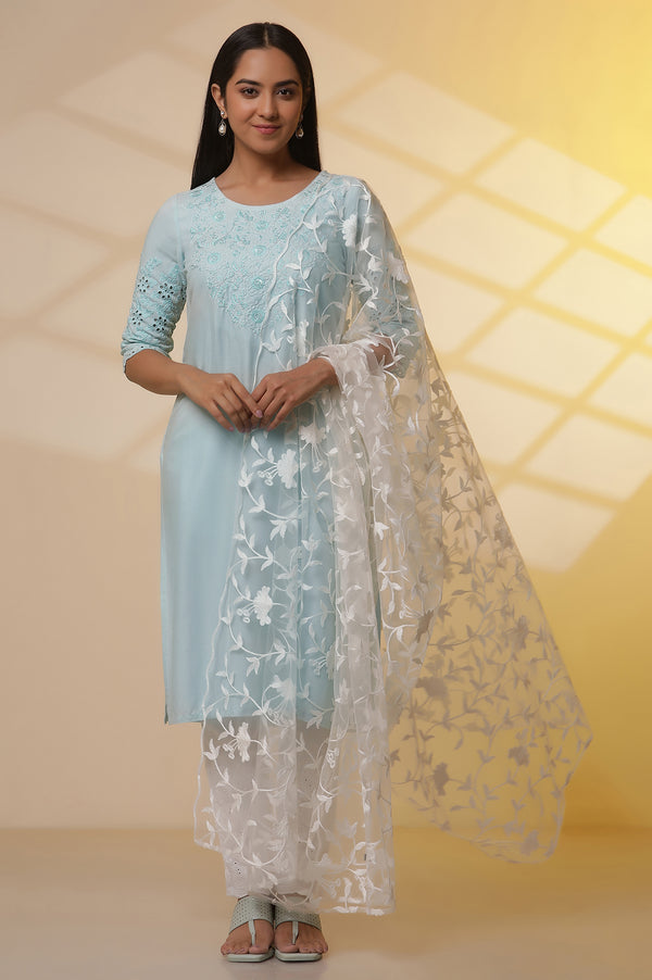 Elleven Women's Mint Blue Embroidered Kurta, Pants and Dupatta Set