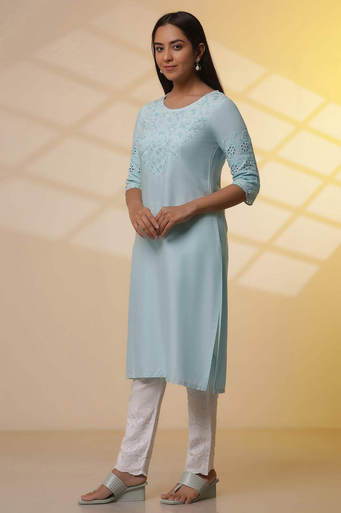 Mint Blue Embroidered Kurta, Pants and Dupatta Set