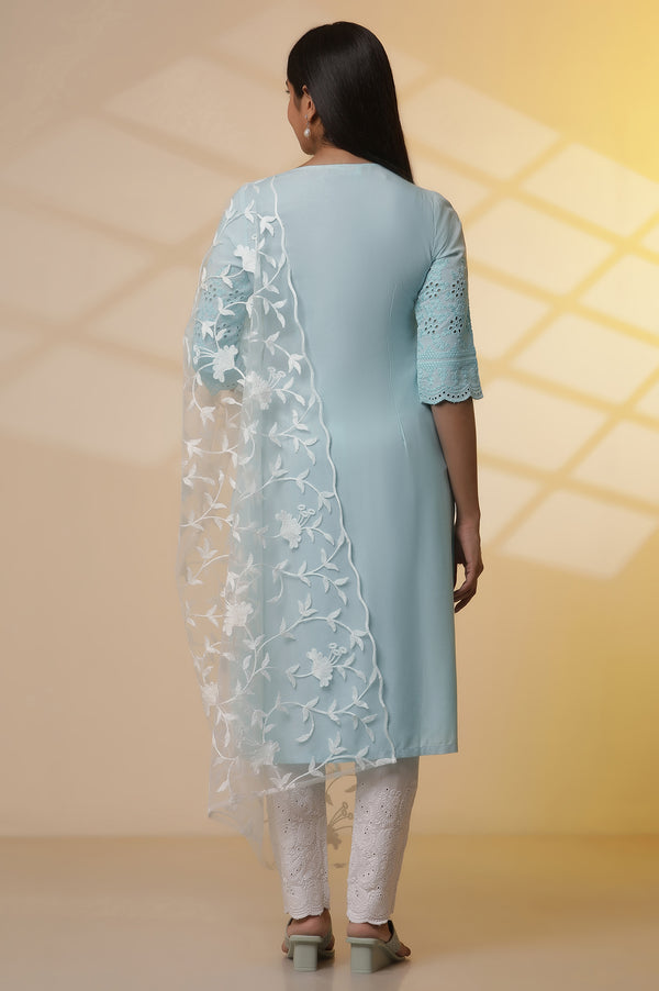 Elleven Women's Mint Blue Embroidered Kurta, Pants and Dupatta Set