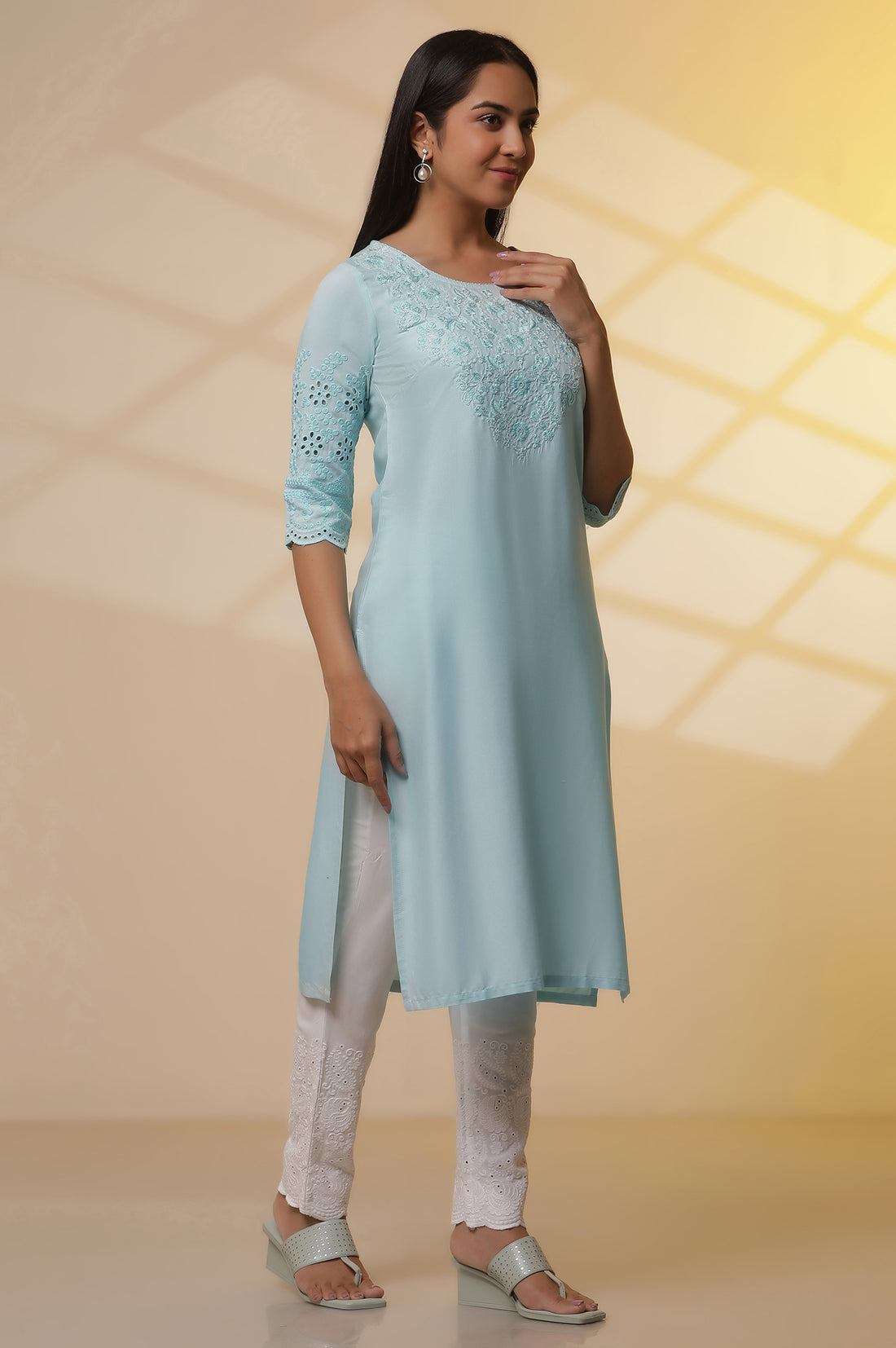 Mint Blue Embroidered Kurta, Pants and Dupatta Set