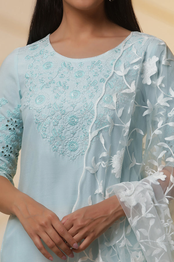 Elleven Women's Mint Blue Embroidered Kurta, Pants and Dupatta Set