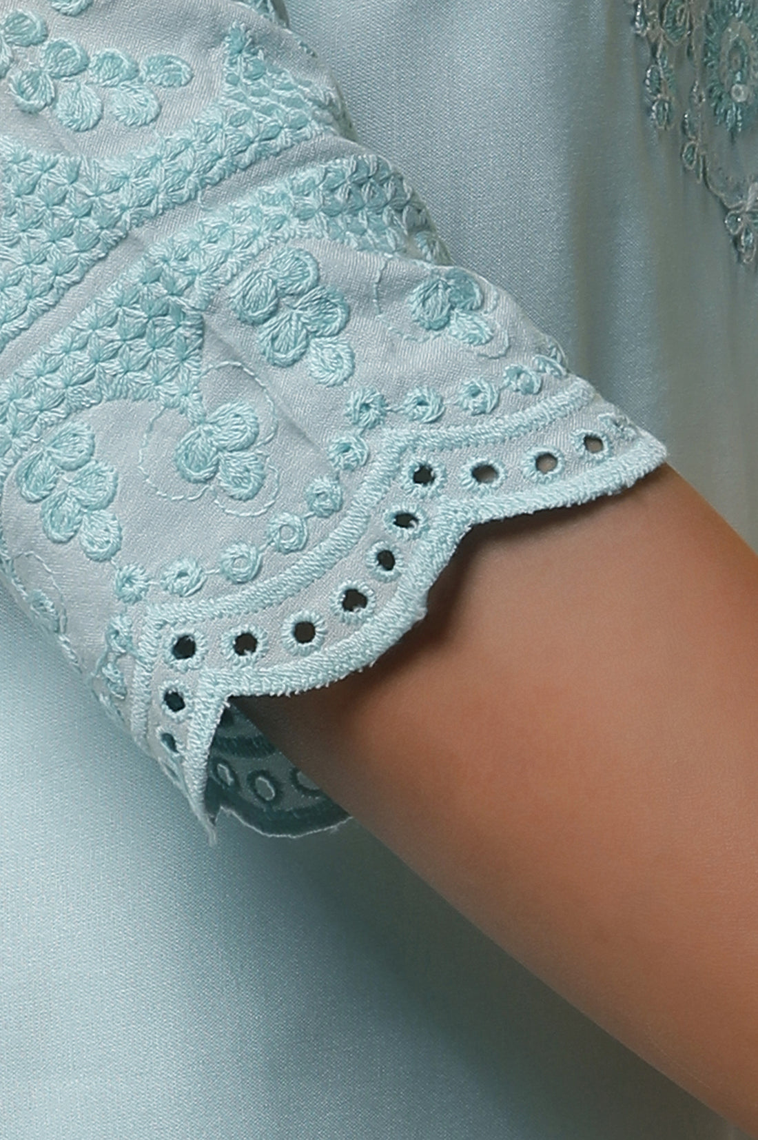 Mint Blue Embroidered Kurta, Pants and Dupatta Set